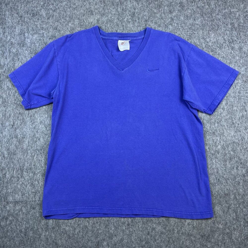 Vtg Nike Men's V-Neck T-Shirt Chest Swoosh Embroidered Blue USA Made 90s Size M